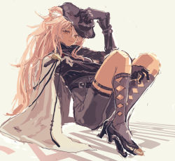 Rule 34 | 1girl, animal ears, arknights, black footwear, black gloves, black hat, cape, closed mouth, gloves, gravel (arknights), gravel (modeling night) (arknights), grey socks, hair between eyes, hat, high-waist shorts, high heels, highres, holding, holding clothes, holding hat, kneehighs, long hair, looking at viewer, pink hair, red eyes, roncele, shorts, simple background, sketch, socks, solo, thigh strap, very long hair, white cape