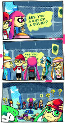 Rule 34 | !?, 3boys, 3koma, 4koma, 6+girls, ?, against wall, animal, comic, confused, cross-eyed, english text, frown, halftone, hand on own chin, hands on headwear, hands on own head, hat, headband, inkling, inkling boy, inkling girl, inkling player character, long hair, looking at another, lying, mind break, monster boy, monster girl, multiple boys, multiple girls, nintendo, on back, on stomach, paint, pointy ears, setz, shrugging, sitting, splatoon (series), splatoon 1, squid, sweat, sweatdrop, tentacle hair