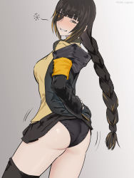Rule 34 | 1girl, armband, ass, black hair, black panties, blonde hair, blunt bangs, blush, braid, braided ponytail, breasts, clothes lift, come hither, eyepatch, female focus, from behind, girls&#039; frontline, gradient background, gradient hair, green eyes, grin, half-closed eyes, highres, jiggle, large breasts, lifted by self, long braid, long hair, long sleeves, looking at viewer, looking back, m16a1 (girls&#039; frontline), mizukamakiri, mole, mole under eye, multicolored hair, naughty face, panties, scar, scar across eye, scar on face, shiny skin, sideboob, simple background, single braid, single thighhigh, skirt, skirt hold, skirt lift, smile, solo, teeth, thighhighs, underwear, very long hair