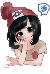 Rule 34 | 1girl, beanie, black hair, blue eyes, blush, closed mouth, cowboy shot, creatures (company), facing viewer, floral print, frown, game freak, hand on own face, hat, head rest, highres, looking at viewer, nintendo, pokemon, pokemon sm, red hat, ririmon, selene (pokemon), simple background, solo, table, white background