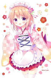 Rule 34 | 1girl, :d, apron, artist name, bitter crown, blush, checkered clothes, checkered kimono, commentary request, fingernails, flower, frilled apron, frills, gochuumon wa usagi desu ka?, hair between eyes, hair flower, hair ornament, hands up, hoto cocoa, japanese clothes, kimono, light brown hair, long hair, long sleeves, looking at viewer, maid, maid headdress, open mouth, pinching sleeves, pink flower, pink kimono, pleated skirt, purple eyes, red flower, red skirt, short kimono, simple background, skirt, sleeves past wrists, smile, solo, thighhighs, wa maid, waist apron, white apron, white background, white flower, white thighhighs, wide sleeves