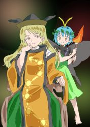 Rule 34 | 2girls, antennae, aqua hair, bad id, bad twitter id, barefoot, black headwear, blonde hair, blush, brown eyes, butterfly wings, closed mouth, constellation print, dress, eternity larva, fairy, green dress, green skirt, hair between eyes, hat, highres, holding, holding torch, insect wings, leaf, leaf on head, long hair, matara okina, multicolored clothes, multicolored dress, multiple girls, okome56565, one-hour drawing challenge, orange sleeves, short hair, short sleeves, single strap, skirt, smile, tabard, third-party source, torch, touhou, wide sleeves, wings, yellow eyes