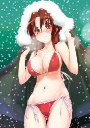 Rule 34 | 1girl, arms up, bare shoulders, bikini, blush, bolze, breasts, brown hair, cameltoe, cleavage, collarbone, fog, folded ponytail, hayate no gotoku!, highres, jacket, jacket tug, large breasts, long hair, looking at viewer, looking down, maria (hayate no gotoku!), navel, red bikini, red eyes, snow, stomach, swimsuit, thigh gap, thighs