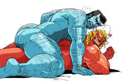 Rule 34 | 2boys, ass, bara, beard, black eyes, black hair, blonde hair, blue oni, blue oni (chijimetaro), blue skin, blush, breath, chijimetaro, colored skin, come hither, couple, facial hair, feet out of frame, giant, giant male, hairy, heart, horns, implied sex, male focus, multiple boys, muscular, on person, oni, oni horns, original, pointy ears, red oni, red oni (chijimetaro), red skin, short hair, thick thighs, thighs, yaoi