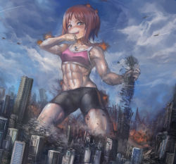 Rule 34 | 10s, 1girl, abs, bare arms, bare shoulders, biceps, bike shorts, black shorts, blue sky, breasts, brown eyes, brown hair, city, cityscape, cloud, cloudy sky, collarbone, commentary request, crushing, day, destruction, dutch angle, giant, giantess, girls und panzer, half-closed eyes, hand to own mouth, landscape, looking at viewer, midriff, muscular, muscular female, navel, nishizumi miho, open mouth, outdoors, pink sports bra, raised eyebrows, rubble, short hair, shorts, size difference, sky, small breasts, smoke, sports bra, sweat, nervous sweating, vehicle request, yilx