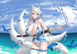 Rule 34 | 1girl, absurdres, alternate costume, azur lane, bird, blue butterfly, breasts, bug, butterfly, day, guokui, highres, holding, holding sword, holding weapon, huge breasts, insect, kitsune, long hair, multiple tails, outdoors, sheath, sheathed, shinano (azur lane), solo, standing, sword, sword behind back, tail, thighhighs, very long hair, water, weapon, white bird, white hair, white tail, white thighhighs