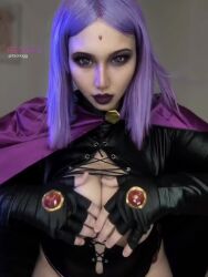 1girl animated ariacosplay breasts breasts_out collarbone cosplay cosplay_photo dc_comics female_focus large_breasts looking_at_viewer nipples photo_(medium) raven real_life shaking solo tagme teen_titans video