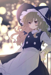 Rule 34 | 1girl, absurdres, alternate eye color, aoi (annbi), apron, black hat, black skirt, black vest, blonde hair, blue bow, blurry, blurry background, blush, bow, commentary, hair bow, hat, hat bow, high collar, highres, kirisame marisa, long hair, long sleeves, purple eyes, shirt, skirt, smile, solo, touhou, upper body, vest, waist apron, white bow, white shirt, witch hat