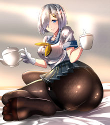 Rule 34 | 1girl, ass, blue eyes, cup, feet, hair ornament, hair over one eye, hairclip, hamakaze (kancolle), highres, kantai collection, looking at viewer, pantyhose, pov, silver hair, smile, soles, teacup, teapot, toes