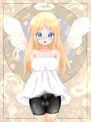 Rule 34 | 1boy, absurdres, angel, artist request, blonde hair, blue eyes, blush, bulge, crimvael, dress, erection, erection under clothes, futanari, highres, ishuzoku reviewers, long hair, looking at viewer, penis, shorts, solo, testicles, white dress, wings