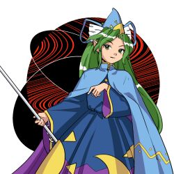 Rule 34 | 1girl, blue cape, blue dress, blue hat, blue ribbon, cape, chain, cowboy shot, crescent print, dress, green eyes, green hair, hat, hat ribbon, high collar, holding, kaigen 1025, long hair, long sleeves, looking at viewer, mima (touhou), parted bangs, pointy ears, ribbon, solo, standing, sun print, touhou, touhou (pc-98), wide sleeves, wizard hat
