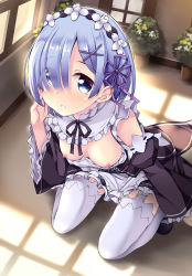 Rule 34 | 10s, 1girl, apron, bad id, bad pixiv id, bare shoulders, black dress, black footwear, black ribbon, blue eyes, blue hair, blush, breasts, bush, detached collar, detached sleeves, dress, eyes visible through hair, frilled sleeves, frills, garter straps, hair ornament, hair over one eye, hairband, hand on own cheek, hand on own face, hitsujibane shinobu, indoors, juliet sleeves, long sleeves, looking at viewer, maid, mary janes, matching hair/eyes, nipples, plant, potted plant, puffy sleeves, re:zero kara hajimeru isekai seikatsu, rem (re:zero), revision, ribbon, shoes, short hair, small breasts, solo, sunlight, tareme, thighhighs, white apron, white thighhighs, wide sleeves, window, x-ray, x hair ornament, zettai ryouiki