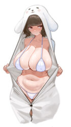 1girl absurdres animal_costume bags_under_eyes belly bikini bikini_under_clothes blush breasts brown_hair cameltoe cleft_of_venus commentary_request covered_erect_nipples cropped_legs halterneck highres hood hood_up huge_breasts looking_at_viewer navel original sesefadou_0v0 short_hair solo stomach string_bikini sweat swimsuit white_bikini