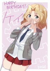Rule 34 | 1girl, 2024, blonde hair, blouse, blue eyes, blush, collared shirt, commentary, covering own mouth, cowboy shot, dutch angle, english text, girls und panzer, hair intakes, happy birthday, highres, jacket, kay (girls und panzer), looking at viewer, medium hair, open clothes, open jacket, oyatsu (1727318), saunders school uniform, school uniform, shirt, sleeves rolled up, solo, standing, thighhighs, translated, white shirt, white thighhighs