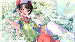 Rule 34 | 1girl, :d, asymmetrical legwear, backwards hat, baseball cap, blue eyes, blush, brown hair, bubble, bubble pipe, floral background, flower, green flower, green rose, green shirt, hat, highres, holding, hololive, looking at viewer, mismatched legwear, moonbell, oozora subaru, oozora subaru (1st costume), open mouth, outstretched arm, red thighhighs, rose, shirt, short sleeves, smile, solo, stopwatch, stopwatch around neck, striped clothes, striped shirt, thighhighs, vertical-striped clothes, vertical-striped shirt, virtual youtuber, watch, whistle, whistle around neck, white thighhighs