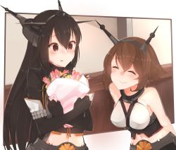 Rule 34 | 10s, 2girls, arms behind back, bare shoulders, black gloves, black hair, blush, bodysuit, bouquet, brown hair, commentary request, closed eyes, flower, gloves, hair between eyes, hallway, headgear, highres, holding, holding bouquet, kanae (inorin05kanae), kantai collection, long hair, midriff, multiple girls, mutsu (kancolle), nagato (kancolle), navel, partially fingerless gloves, red eyes, remodel (kantai collection), short hair, sleeveless, smile