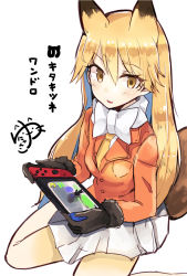 Rule 34 | 10s, 1girl, animal ears, bow, bowtie, coat, commentary request, ezo red fox (kemono friends), fox ears, fox tail, fur trim, gloves, handheld game console, highres, japari symbol, kemono friends, long hair, long sleeves, multicolored hair, necktie, nintendo switch, one-hour drawing challenge, orange hair, pantyhose, partially translated, pleated skirt, sitting, skirt, solo, tail, translation request, wariza, white hair, yunekoko