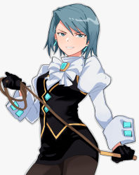 Rule 34 | 1girl, absurdres, ace attorney, black gloves, black skirt, black vest, blue eyes, blue hair, brown pantyhose, cornfarm, cowboy shot, earrings, franziska von karma, gloves, grin, highres, holding, holding whip, jewelry, juliet sleeves, long sleeves, looking at viewer, mole, mole under eye, pantyhose, pencil skirt, puffy long sleeves, puffy sleeves, short hair, skirt, smile, solo, vest, whip, white background