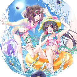 Rule 34 | 2girls, ball, barefoot, beach, beachball, bikini, black hair, blush, brown eyes, brown hair, feet, hat, innertube, long hair, looking at viewer, multiple girls, open mouth, soles, straw hat, sunglasses on head, swim ring, swimsuit, toes, yukiusagi (gaballscreen&amp;blaze)