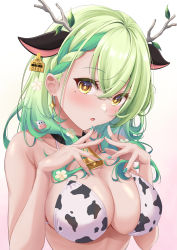 Rule 34 | 1girl, :o, absurdres, animal ears, animal print, antlers, barcode, bell, bikini, black collar, blush, branch, breasts, ceres fauna, cleavage, collar, cow ears, cow hair ornament, cow print, cow print bikini, cowbell, crossed bangs, ear tag, flower, green hair, green nails, hair flower, hair ornament, hands up, highres, hololive, hololive english, horns, kaigan, large breasts, leaf, long hair, looking at viewer, mole, mole under eye, nail polish, neck bell, parted lips, print bikini, solo, swimsuit, upper body, virtual youtuber, wavy hair, yellow eyes