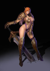 Rule 34 | 1girl, absurdres, armor, bikini armor, boots, breasts, bustier, center opening, cleavage, contrapposto, crack, cracked floor, dark, elf, fantasy, full body, gauntlets, goldengear870, greaves, green eyes, hair between eyes, hand on own thigh, hand on thigh, high heel boots, high heels, highres, large breasts, light purple hair, looking away, looking down, multicolored hair, navel, orange hair, pauldrons, planted, planted sword, planted weapon, pointy ears, red hair, shadow, shoulder armor, solo, standing, sword, thighhighs, two-handed sword, weapon