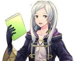 Rule 34 | 1girl, :d, ameno (a meno0), black gloves, brown eyes, collarbone, fire emblem, fire emblem awakening, gloves, holding, long hair, nintendo, open mouth, parted bangs, robin (female) (fire emblem), robin (fire emblem), silver hair, simple background, smile, solo, upper body, white background