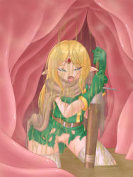 Rule 34 | 1girl, blonde hair, blue eyes, camel (dansen), cape, d-gate, digesting girl, digestion, dissolving clothes, dungeons &amp; dragons, elf, female focus, lucia (d&amp;d), open mouth, pointy ears, pussy, sword, torn clothes, vore, weapon