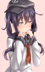 Rule 34 | 1girl, akatsuki (kancolle), bad id, bad pixiv id, black hat, black sailor collar, blush, closed mouth, commentary request, double horizontal stripe, eye color request, hands up, hat, juurouta, kantai collection, long hair, long sleeves, neckerchief, pink background, red neckerchief, sailor collar, school uniform, serafuku, shirt, sideways hat, solo, twitter username, upper body, white shirt