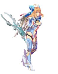 Rule 34 | 1girl, armor, blonde hair, blue eyes, breasts, chouhou kyokuin, fiora (xenoblade), green eyes, highres, long hair, mecha-fiora, mecha-fiora (speed cowling), nintendo, open mouth, short hair, simple background, smile, solo, spoilers, sword, weapon, xenoblade chronicles 1, xenoblade chronicles (series), xenoblade chronicles 2