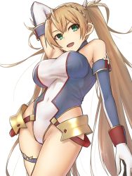 Rule 34 | 1girl, arm behind head, arm up, armor, bare shoulders, blonde hair, blush, bradamante (fate), bradamante (first ascension) (fate), braid, breasts, covered navel, elbow gloves, elfenlied22, fate/grand order, fate (series), faulds, french braid, gloves, green eyes, hair between eyes, hair ornament, highleg, highleg leotard, highres, hip focus, large breasts, leotard, long hair, looking at viewer, open mouth, simple background, smile, solo, thigh strap, thighs, twintails, very long hair, white background