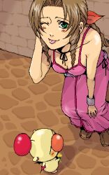 Rule 34 | 1girl, aerith gainsborough, bare shoulders, blush, boots, bracelet, braid, breasts, brick, brown footwear, brown hair, choker, cleavage, cobblestone, dress, final fantasy, final fantasy vii, garakuta (chika), green eyes, hair ribbon, hand in own hair, jewelry, kingdom hearts, leaning forward, looking at viewer, lowres, medium breasts, moogle, necklace, one eye closed, parted bangs, pink dress, pixel art, red ribbon, ribbon, sidelocks, sleeveless, sleeveless dress, square enix, tongue, tongue out, wink