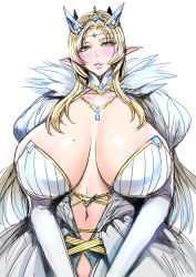 Rule 34 | 1girl, blonde hair, breasts, breasts apart, center opening, cleavage cutout, clothing cutout, crown, dress, elf, fei (maidoll), green eyes, head tilt, huge breasts, jewelry, lipstick, looking at viewer, makeup, mole, mole on breast, mole under eye, navel, necklace, no bra, original, parted lips, pendant, pink lips, pointy ears, queen, revealing clothes, shiny skin, simple background, solo, tagme, upper body, white background, white dress