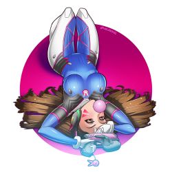 Rule 34 | 1girl, animal print, arms up, bodysuit, bracer, breasts, brown eyes, brown hair, blowing bubbles, charm (object), chewing gum, circle, d.va (overwatch), facepaint, facial mark, full body, gloves, gun, handgun, headphones, high collar, holding, holding gun, holding weapon, knees together feet apart, long hair, looking at viewer, medium breasts, overwatch, overwatch 1, pilot suit, pistol, rabbit print, ribbed bodysuit, shoulder pads, skin tight, solo, swept bangs, trigger discipline, twitter username, upside-down, velladonna, weapon, whisker markings, white background, white gloves