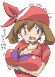 Rule 34 | 1girl, bandana, breast expansion, breast hold, breasts, brown hair, chris (mario), cleavage, creatures (company), female focus, game freak, hat, huge breasts, may (pokemon), nintendo, open mouth, pokemon, purple eyes, short hair, simple background, solo, sweat, translation request, white background