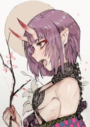 Rule 34 | 1girl, bare shoulders, blush, bob cut, branch, breasts, fangs, fate/grand order, fate (series), from side, highres, hiranko, holding, holding branch, horns, japanese clothes, kimono, makeup, oni, open clothes, open kimono, open mouth, pointy ears, portrait, purple eyes, purple hair, purple kimono, revealing clothes, short hair, shuten douji (fate), sideboob, sketch, skin-covered horns, small breasts, solo, upper body