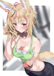 Rule 34 | 1girl, ahoge, animal ears, between breasts, bike shorts, black hair, blonde hair, blush, breasts, casual, cleavage, closed eyes, clothes lift, fox ears, fox tail, hololive, long hair, midriff, multicolored hair, omaru polka, open mouth, pink hair, purple eyes, shirt lift, solo, streaked hair, sweat, tail, tank top, towel, tsushi, virtual youtuber, wiping sweat