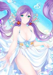 Rule 34 | 10s, 1girl, air bubble, alternate costume, bare shoulders, barefoot, beads, blue background, blue eyes, blush, breasts, bubble, cleavage, closed mouth, coral, coral reef, crescent, dress, eyebrows, female focus, fingernails, floating hair, gem, highres, keomi syeon, large breasts, long fingernails, long hair, looking at viewer, love live!, love live! school idol project, low twintails, marble, pearl (gemstone), purple hair, reaching, shell, side slit, sideboob, skirt hold, sleeveless, sleeveless dress, smile, solo, starfish, swept bangs, tojo nozomi, twintails, underwater, very long hair