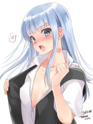 Rule 34 | 1girl, anger vein, artist name, black vest, blouse, blue hair, blunt bangs, breasts, collarbone, commentary request, dated, hatsukaze (kancolle), highres, kantai collection, looking at viewer, no bra, one-hour drawing challenge, open clothes, open mouth, round teeth, shirt, simple background, small breasts, solo, spoken anger vein, takase muh, teeth, upper body, upper teeth only, vest, white background, white hair, white shirt