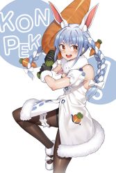 Rule 34 | 1girl, :d, absurdres, animal ear fluff, animal ears, black gloves, black leotard, blue hair, blush, bow, braid, brown eyes, brown pantyhose, carrot, carrot hair ornament, commentary request, detached sleeves, don-chan (usada pekora), dress, feet out of frame, food, food-themed hair ornament, fur-trimmed dress, fur-trimmed gloves, fur trim, gloves, goback, hair between eyes, hair bow, hair ornament, highres, holding, holding food, hololive, leotard, long hair, looking at viewer, multicolored hair, open mouth, pantyhose, puffy short sleeves, puffy sleeves, rabbit ears, shoes, short eyebrows, short sleeves, smile, standing, standing on one leg, strapless, strapless dress, strapless leotard, thick eyebrows, twin braids, twintails, two-tone hair, usada pekora, usada pekora (1st costume), v-shaped eyebrows, virtual youtuber, white background, white bow, white dress, white footwear, white hair, white sleeves