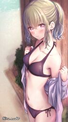 Rule 34 | 1girl, beach, bikini, black bikini, blush, breasts, bush, cardigan, cleavage, collarbone, commentary request, cowboy shot, green hair, hair ornament, hair scrunchie, highres, light smile, looking at viewer, navel, nushi ma, ocean, open cardigan, open clothes, original, outdoors, paid reward available, pink eyes, ponytail, scrunchie, short hair, small breasts, solo, standing, stomach, swimsuit, twitter username, watermark