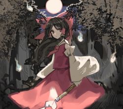 Rule 34 | 1girl, bow, brown eyes, brown hair, commentary request, cowboy shot, detached sleeves, full moon, gohei, hair bow, hair tubes, hakurei reimu, hitodama, holding, long hair, long sleeves, looking at viewer, moon, night, outdoors, red bow, red neckwear, red pupils, red shirt, shi chimi, shirt, solo, touhou, tree, wide sleeves, wind