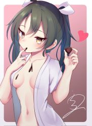 Rule 34 | 1girl, breasts, candy, chocolate, chocolate heart, chocolate on body, commentary request, dark green hair, food, food on body, heart, highres, holding, kantai collection, long hair, navel, nekoya crow, open clothes, open robe, robe, signature, small breasts, solo, twintails, upper body, white robe, yellow eyes, zuikaku (kancolle)