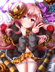 Rule 34 | 1girl, alternate costume, black shirt, blush, bow, candle, candy, capelet, closed mouth, expressionless, food, frills, hair between eyes, halloween, halloween costume, hat, hat bow, hata no kokoro, highres, jack-o&#039;-lantern, long hair, long sleeves, looking away, mask, mask on head, navel, pink hair, puffy long sleeves, puffy sleeves, purple bow, red eyes, shirt, sitting, skirt, solo, stomach, striped clothes, striped legwear, striped thighhighs, thigh strap, thighhighs, top hat, touhou, v, very long hair, wariza, yellow skirt, zan (harukahime)