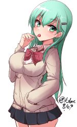 Rule 34 | 1girl, absurdres, aqua eyes, aqua hair, black skirt, blush, bow, breasts, candy, diagonal-striped bow, ear piercing, food, hair between eyes, hair ornament, hairclip, hand in pocket, highres, holding, holding candy, holding food, holding lollipop, jacket, kantai collection, kihou no gotoku dmc, large breasts, lollipop, long hair, miniskirt, one-hour drawing challenge, piercing, pleated skirt, pocket, red neckwear, simple background, skirt, solo, suzuya (kancolle), twitter username, white background