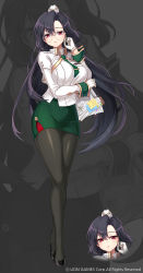 Rule 34 | 1girl, absurdres, black background, black footwear, black hair, black pantyhose, blush, breasts, clipboard, commentary request, garrison cap, glasses, gloves, gold trim, green necktie, green skirt, hat, high heels, highres, kyjsogom, long hair, long sleeves, looking at viewer, medium breasts, miniskirt, mole, mole under eye, necktie, pantyhose, paper, pencil skirt, red eyes, shiny clothes, simple background, skirt, soulworker, white gloves, zoom layer