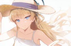 Rule 34 | 1girl, absurdres, blonde hair, blue archive, blue eyes, blue halo, buffering548, closed mouth, collarbone, dress, halo, hat, highres, light brown hair, long hair, simple background, solo, straw hat, sundress, toki (blue archive), upper body, white background, white dress