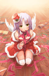 Rule 34 | 10s, 1girl, angel beats!, christmas, coat, covered erect nipples, flat chest, flyx2, hat, highres, kneeling, mouth hold, naked ribbon, original, purple hair, ribbon, santa costume, silver hair, tenshi (angel beats!), thighhighs, top hat, unworn coat, white thighhighs, wings, yellow eyes