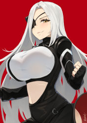 Rule 34 | 1girl, alchemist (girls&#039; frontline), artist name, black gloves, breasts, closed mouth, eyelashes, eyepatch, feet out of frame, fingerless gloves, girls&#039; frontline, gloves, highres, kion-kun, large breasts, long hair, looking at viewer, navel, red background, smile, smirk, solo, standing, twitter username, white hair, yellow eyes