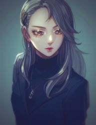 Rule 34 | 1girl, black jacket, brown eyes, commentary request, earrings, grey background, hair behind ear, hair ornament, hairclip, highres, jacket, jewelry, long hair, necklace, niijima sae, persona, persona 5, red lips, sageo yn, silver hair, sweater, swept bangs, turtleneck, turtleneck sweater