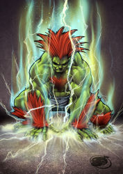 Rule 34 | 1boy, abs, all fours, blanka, capcom, chest hair, colored skin, electricity, green skin, long hair, male focus, muscular, orange hair, shaded face, shorts, solo, spiked hair, squatting, street fighter, wakabee